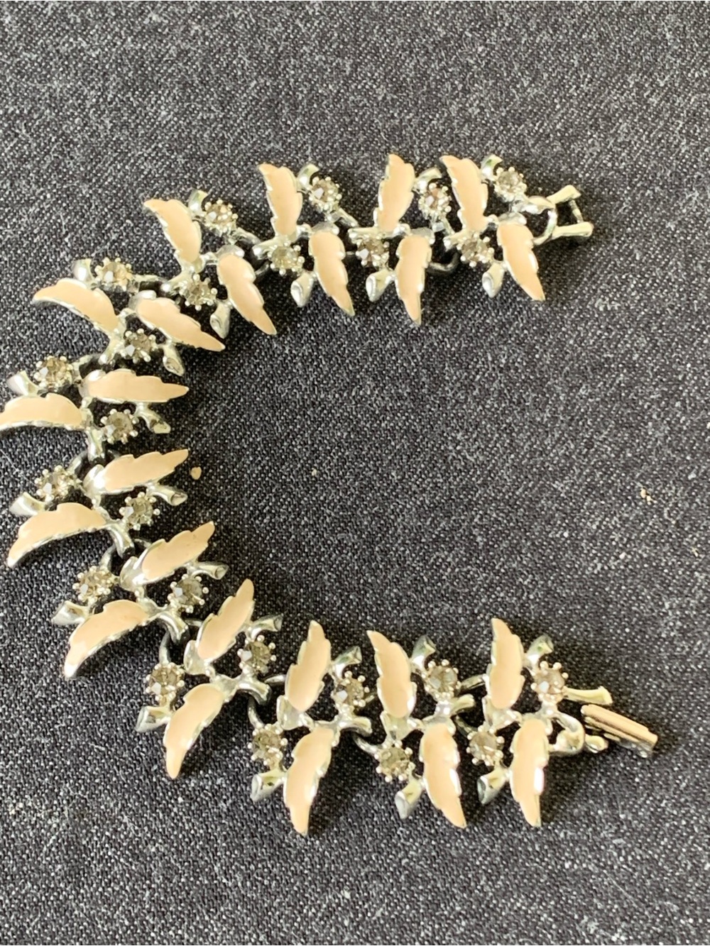 Vintage Parkland Leaf Vine Bracelet Smoky Rhinestones Light Pink Signed